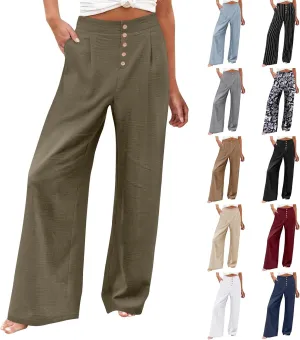 Womens Wide Leg Pants Dressy Casual Elastic High Waisted Palazzo Pants Lightweight Summer Cotton Linen Pants w/Pockets