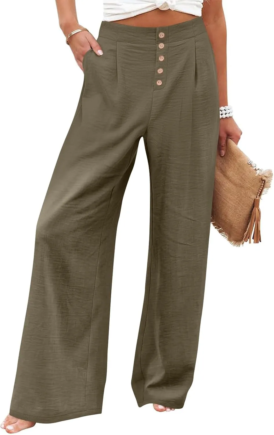 Womens Wide Leg Pants Dressy Casual Elastic High Waisted Palazzo Pants Lightweight Summer Cotton Linen Pants w/Pockets