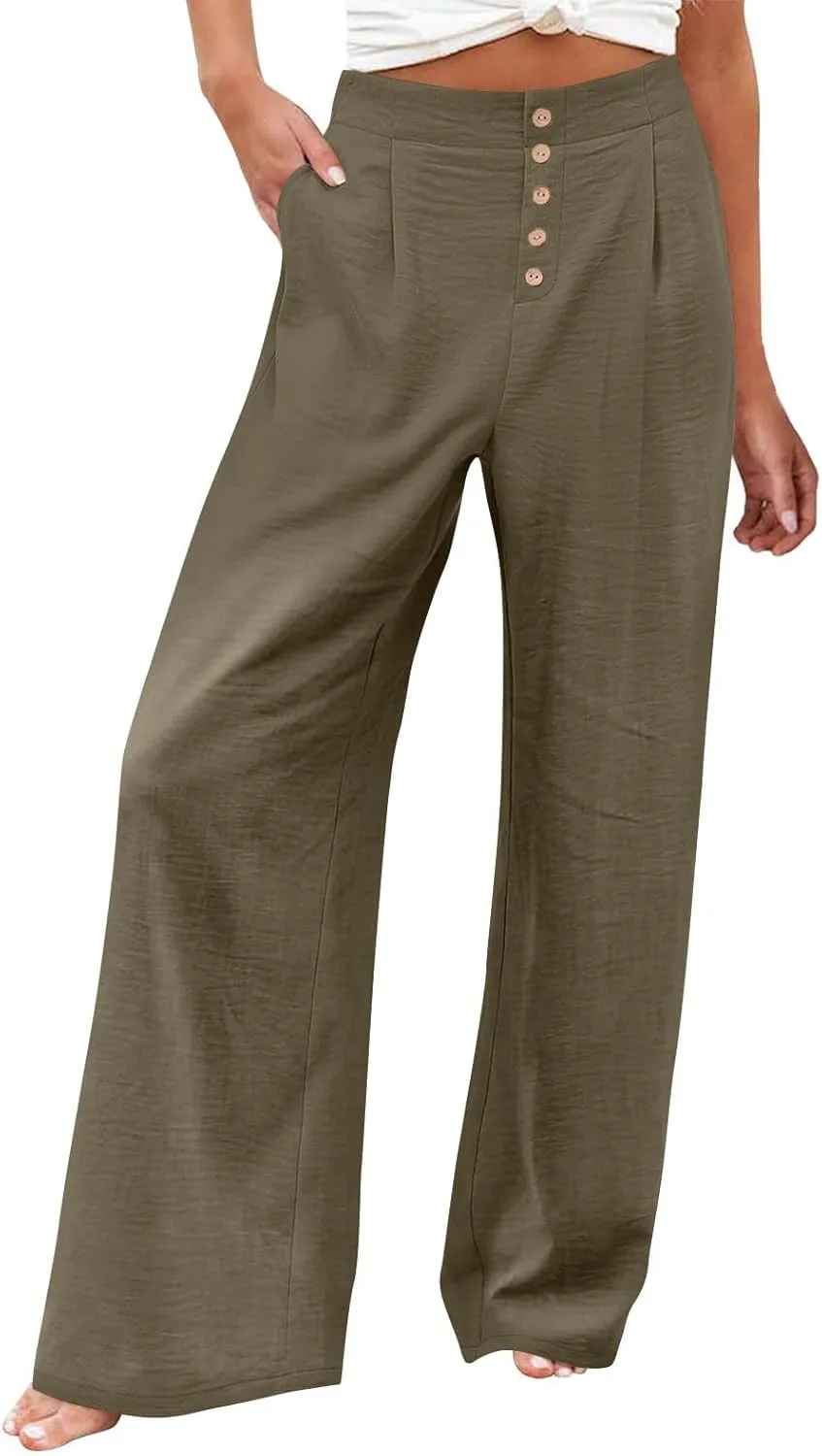 Womens Wide Leg Pants Dressy Casual Elastic High Waisted Palazzo Pants Lightweight Summer Cotton Linen Pants w/Pockets