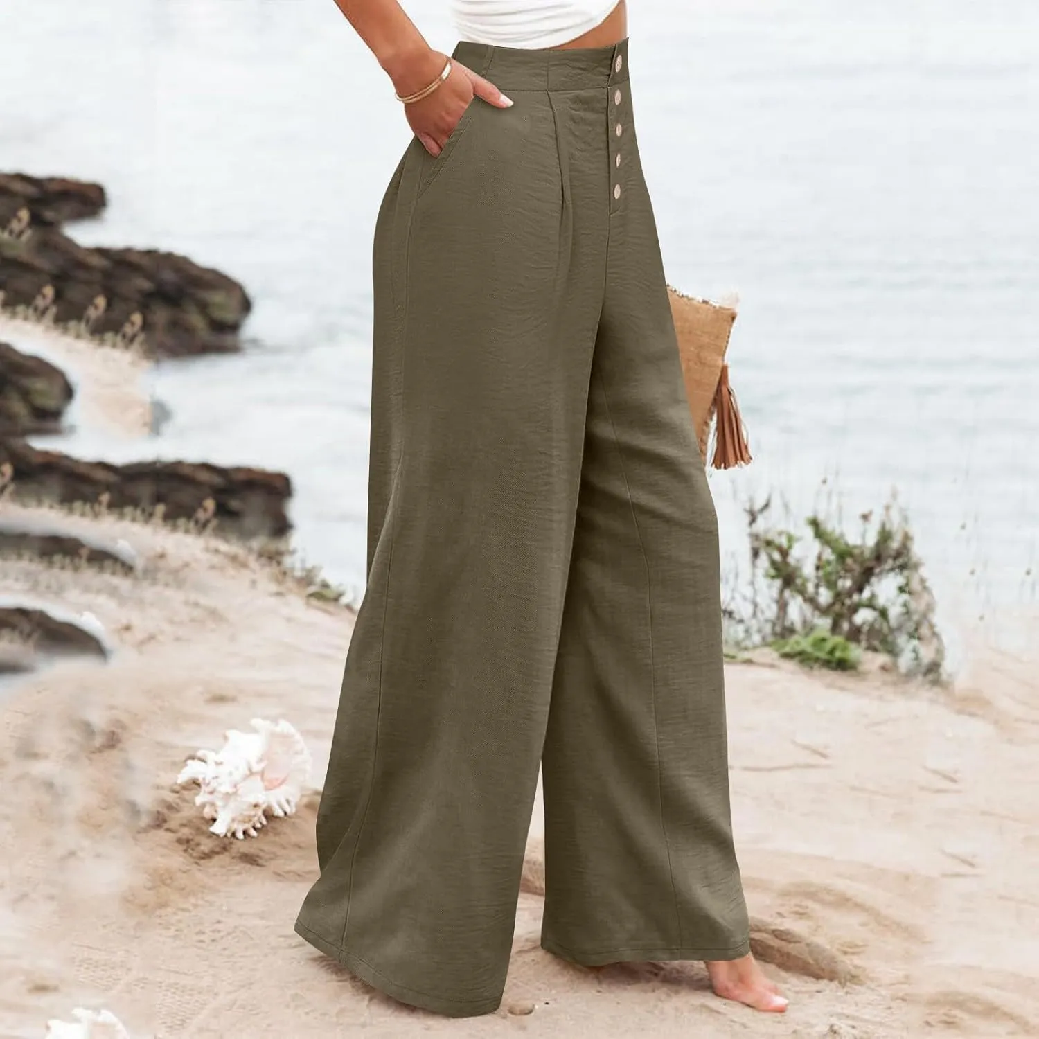 Womens Wide Leg Pants Dressy Casual Elastic High Waisted Palazzo Pants Lightweight Summer Cotton Linen Pants w/Pockets