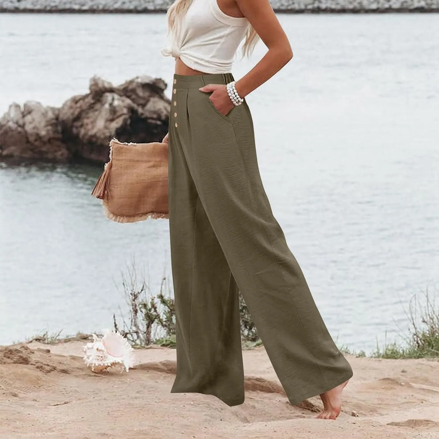 Womens Wide Leg Pants Dressy Casual Elastic High Waisted Palazzo Pants Lightweight Summer Cotton Linen Pants w/Pockets