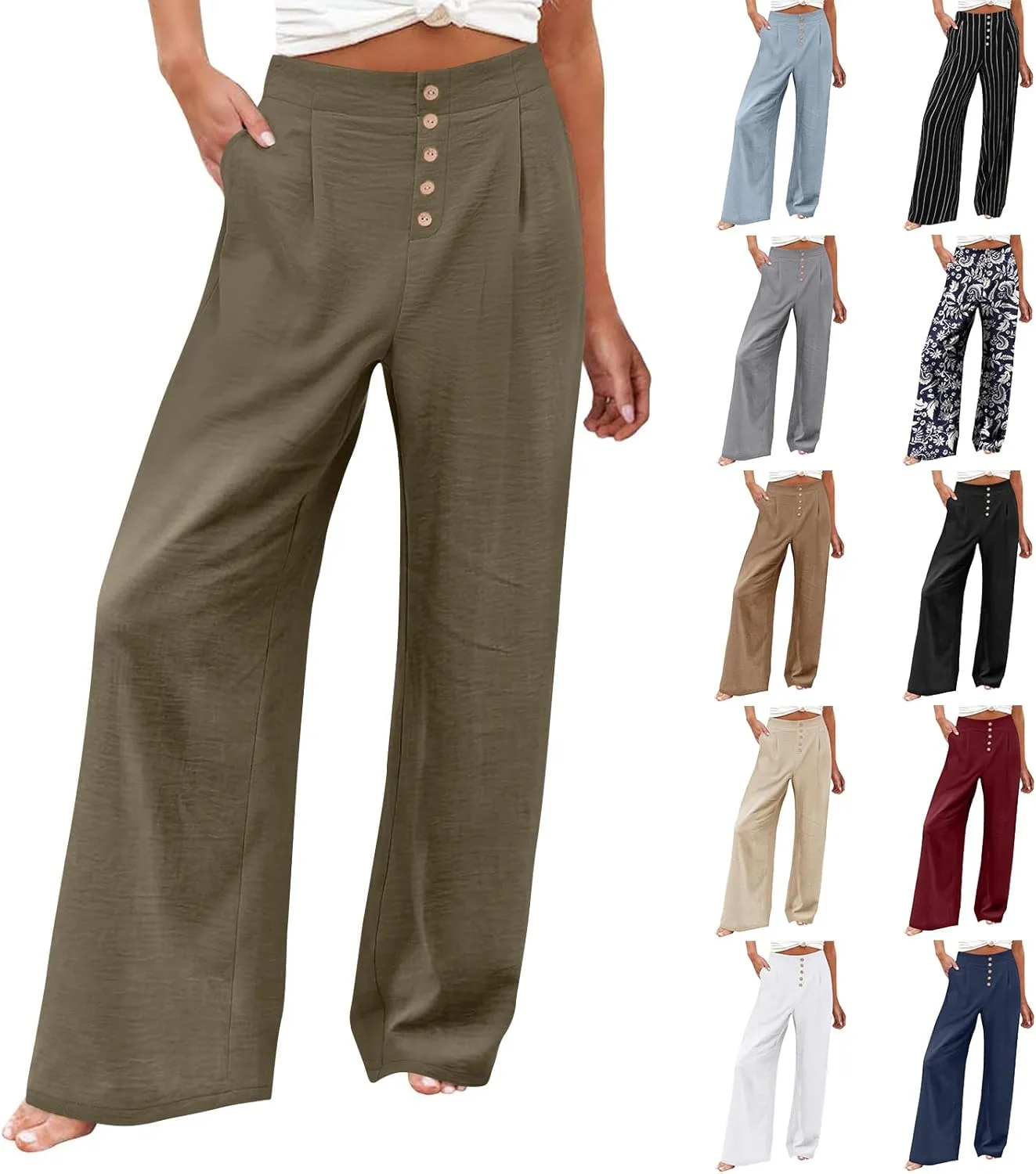 Womens Wide Leg Pants Dressy Casual Elastic High Waisted Palazzo Pants Lightweight Summer Cotton Linen Pants w/Pockets