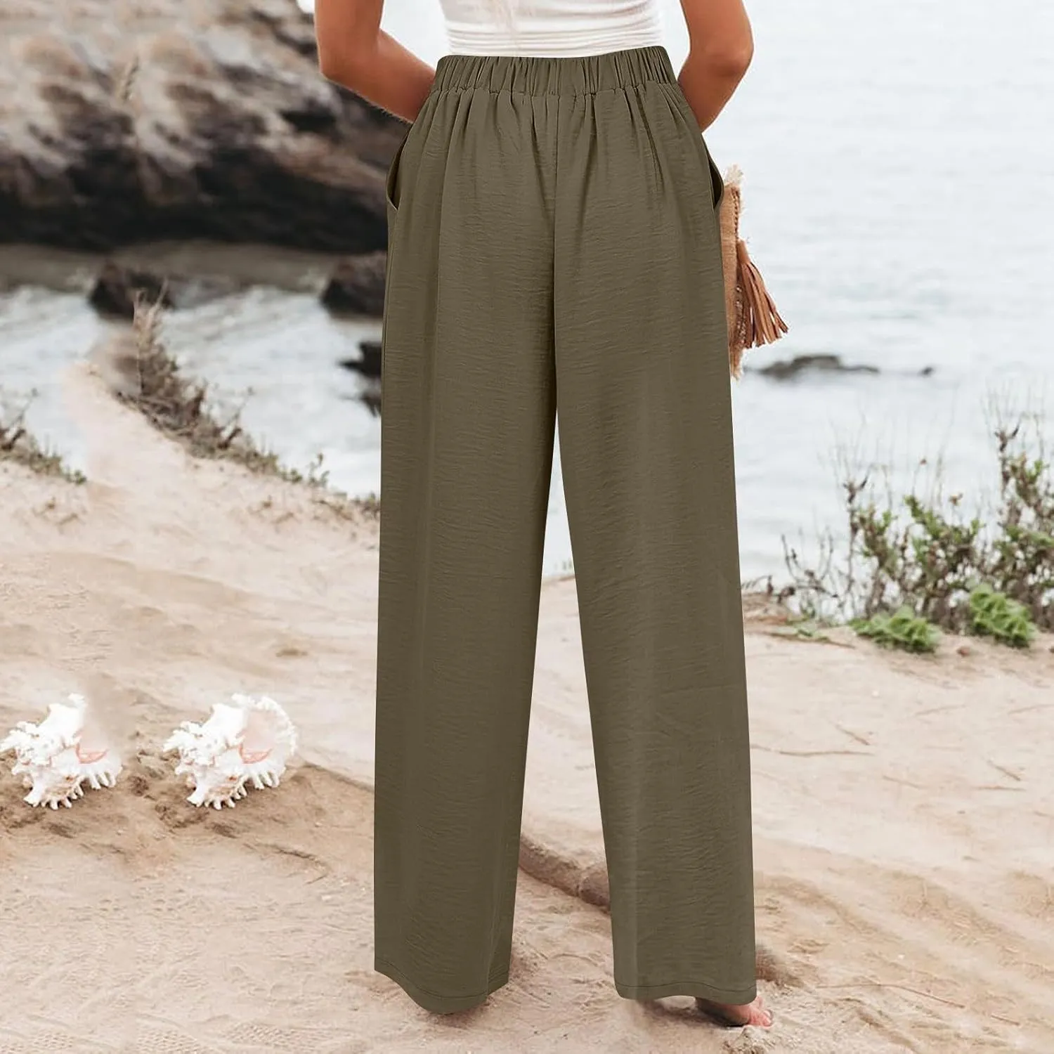 Womens Wide Leg Pants Dressy Casual Elastic High Waisted Palazzo Pants Lightweight Summer Cotton Linen Pants w/Pockets