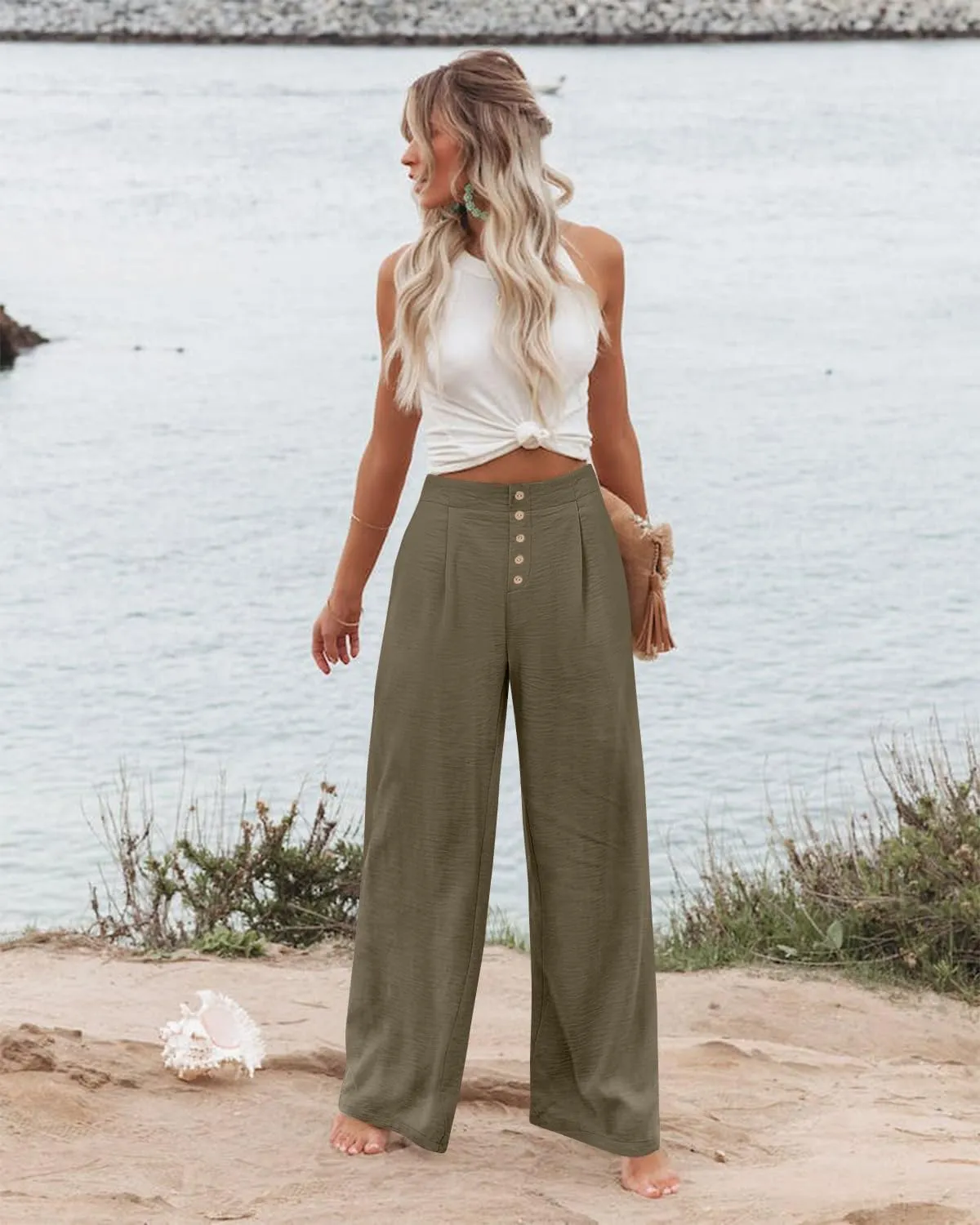 Womens Wide Leg Pants Dressy Casual Elastic High Waisted Palazzo Pants Lightweight Summer Cotton Linen Pants w/Pockets