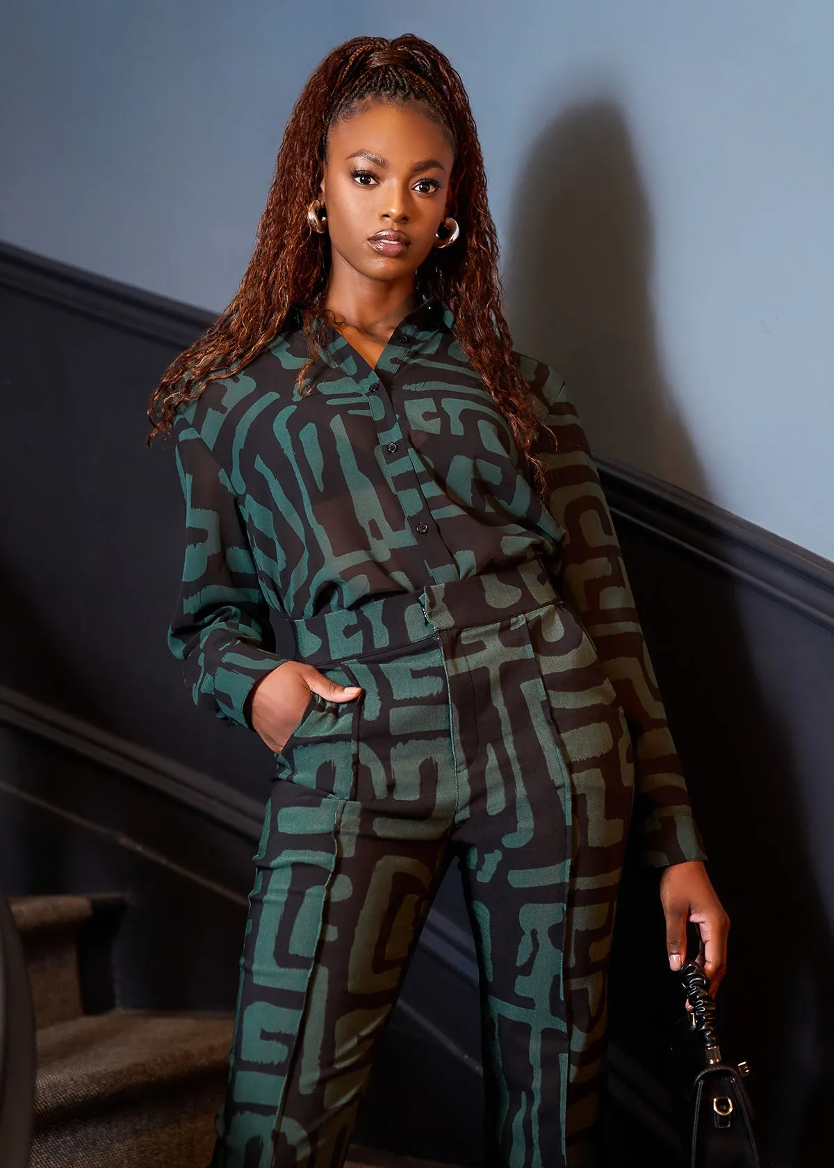 Zoela Women's African Print Sheer Blouse (Black Malachite Geometric)