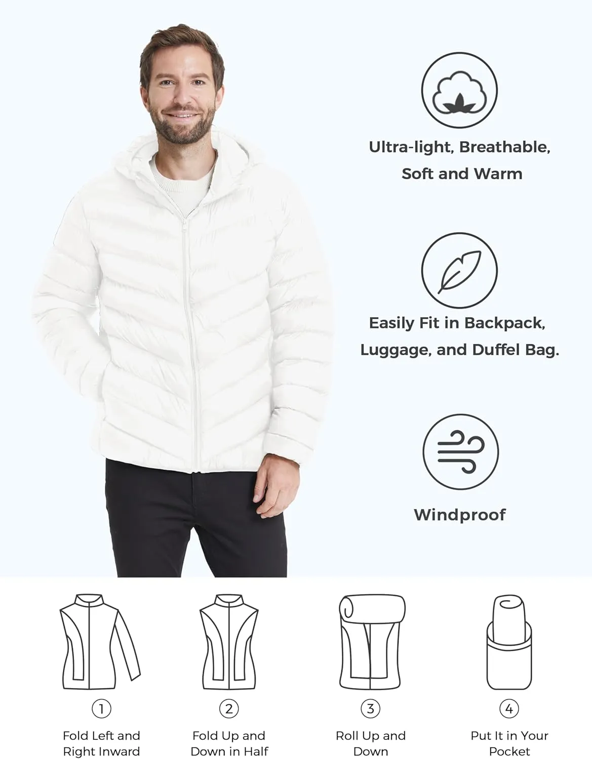 ZSHOW Men's Packable Puffer Jacket Hooded Lightweight Winter Coat for Travel Outdoor Hiking