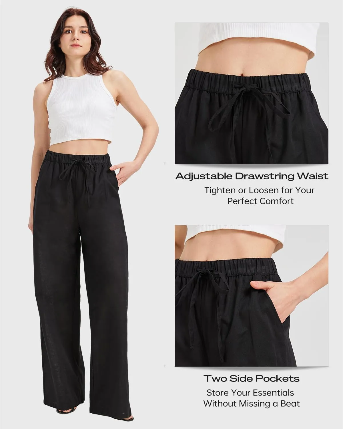 Zylioo Long Linen Pants for Women Tall, Linen Palazzo Pants 32-34 Inseam, Lightweight High Waisted Summer Pants for Ladies