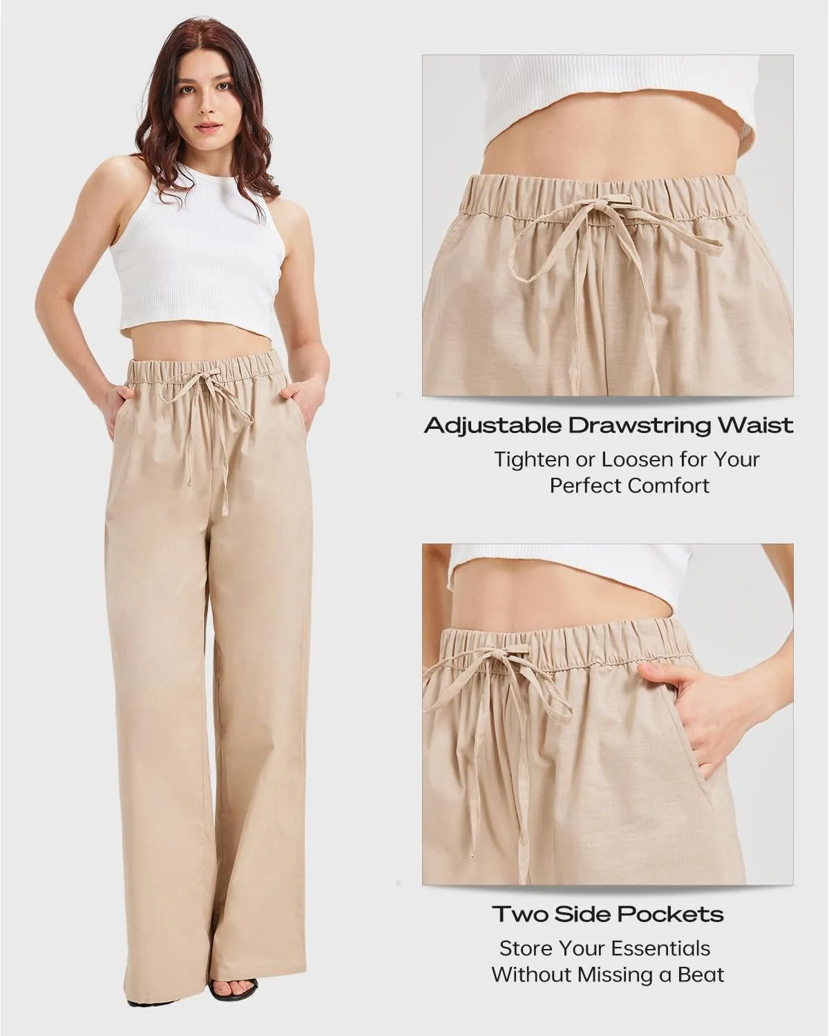 Zylioo Long Linen Pants for Women Tall, Linen Palazzo Pants 32-34 Inseam, Lightweight High Waisted Summer Pants for Ladies