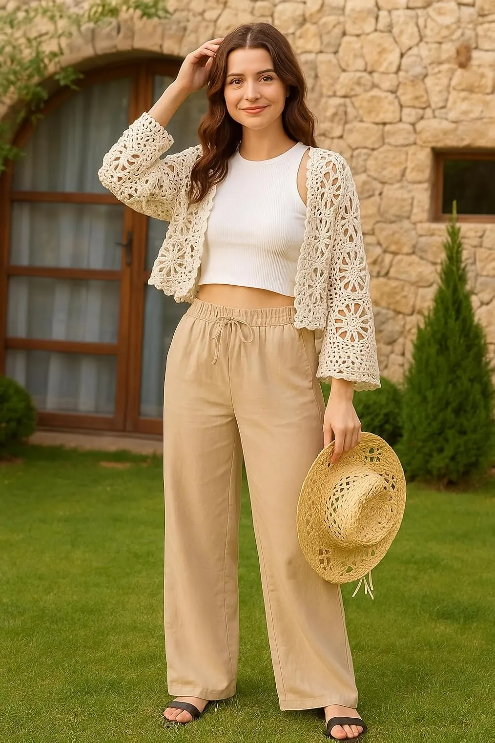 Zylioo Long Linen Pants for Women Tall, Linen Palazzo Pants 32-34 Inseam, Lightweight High Waisted Summer Pants for Ladies