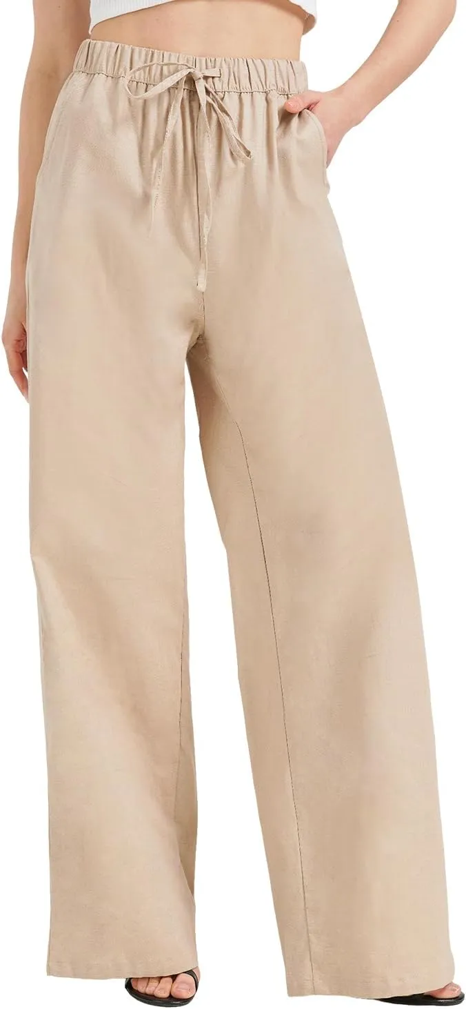 Zylioo Long Linen Pants for Women Tall, Linen Palazzo Pants 32-34 Inseam, Lightweight High Waisted Summer Pants for Ladies